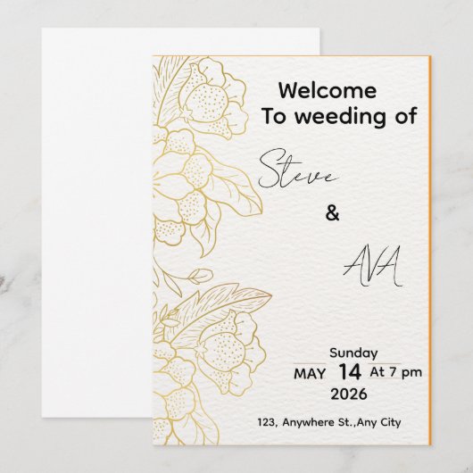 White & Light Gold Elegant Wedding Invitation Kaart (Voorkant / Achterkant)