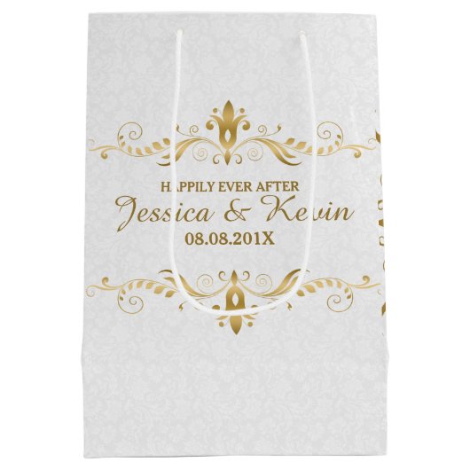 White & Light Gold Floral Lace Wedding Design Medium Cadeauzakje (Achterkant)