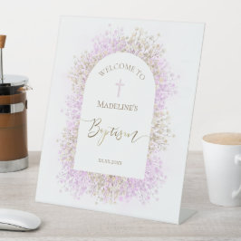 white lilac flowers Baptism welcome sign Reclamebord Met Voetstuk