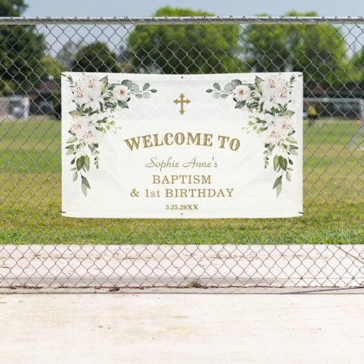 White Lilies 1st Birthday Baptism Welcome Sign Spandoek (Insitu)