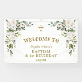 White Lilies 1st Birthday Baptism Welcome Sign Spandoek