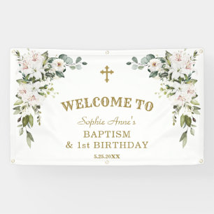 White Lilies 1st Birthday Baptism Welcome Sign Spandoek