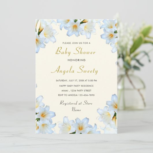 White Lilies Baby shower Invitation met QR Code (Staand voorkant)