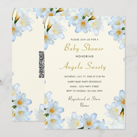 White Lilies Baby shower Invitation met QR Code (Voorkant / Achterkant)