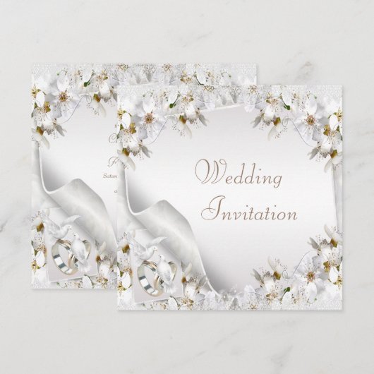 White Lilies, Doves & Wedding Bands Wedding Invite Kaart (Voorkant / Achterkant)