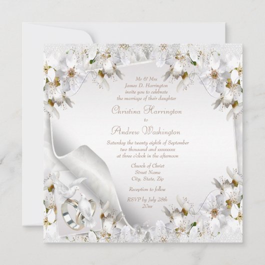 White Lilies, Doves & Wedding Bands Wedding Invite Kaart (Achterkant)