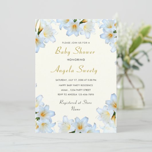 White Lilies Flowers Baby shower Invitation (Staand voorkant)