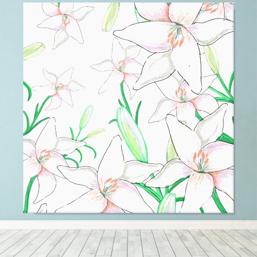 White Lilies Illustration Canvas Afdruk (Insitu (Houten vloer))