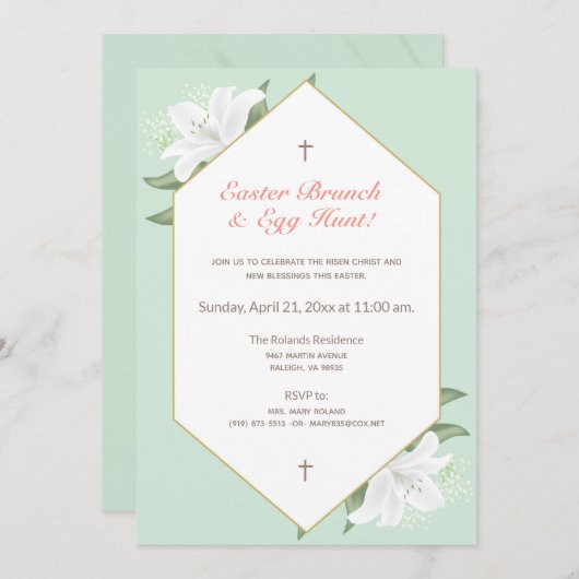 White Lilies & Mild Mint Easter Brunch Invite Kaart (Voorkant / Achterkant)