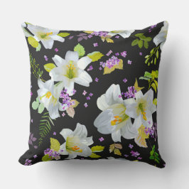 White Lilies on Black Floral Pattern Kussen