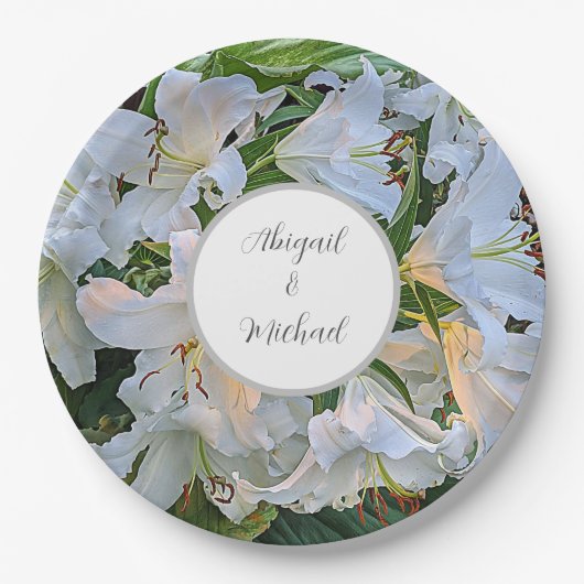 White Lilies Wedding Couple Names Floral Papieren Bordje (Voorkant)