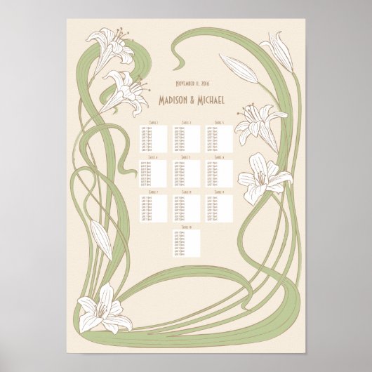 White Lilies Wedding Seating Chart 10 Tables Poster (Voorkant)