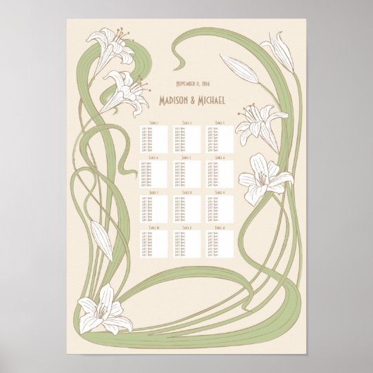White Lilies Wedding Seating Chart 12 Tables Poster (Voorkant)