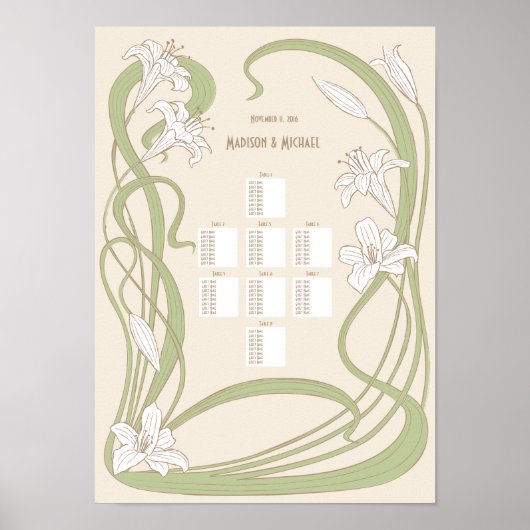 White Lilies Wedding Seating Chart 8 Tables Poster (Voorkant)