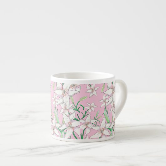 White Lillies on Pink Background Illustration Espresso Kop (Voorkant rechts)