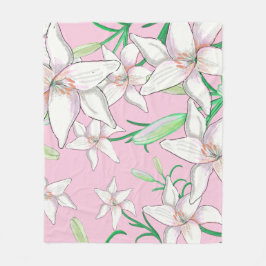 White Lillies on Pink Background Illustration Fleece Deken