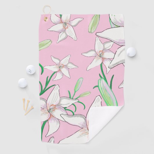 White Lillies on Pink Background Illustration Golfhanddoek (Insitu)