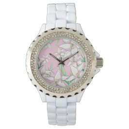 White Lillies on Pink Background Illustration Horloge