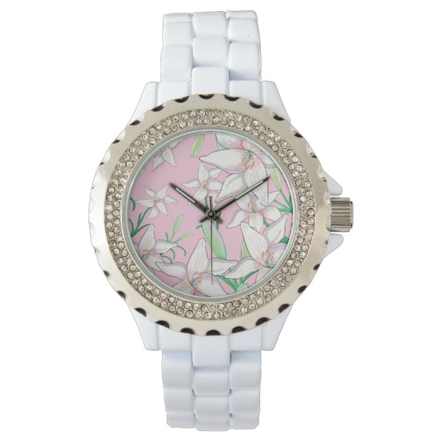 White Lillies on Pink Background Illustration Horloge (Voorkant)