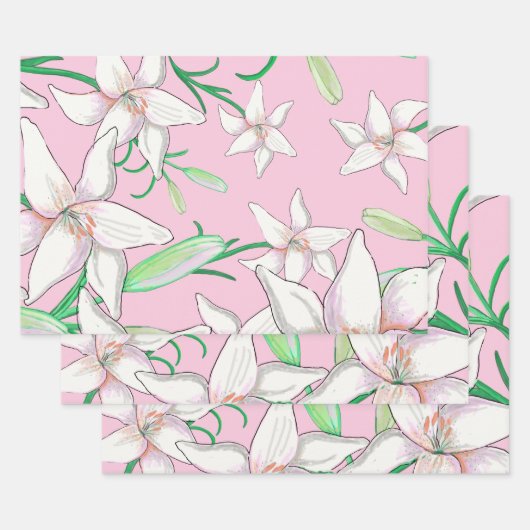 White Lillies on Pink Background Illustration Inpakpapier Vel (Set)