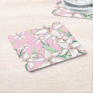 White Lillies on Pink Background Illustration Kartonnen Onderzetters