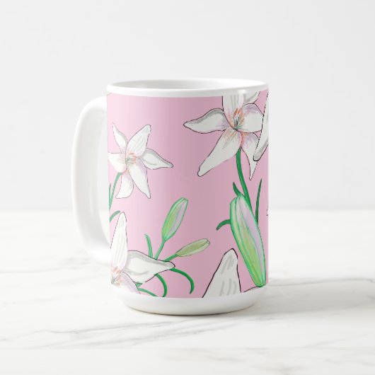 White Lillies on Pink Background Illustration Koffiemok (Voorkant links)