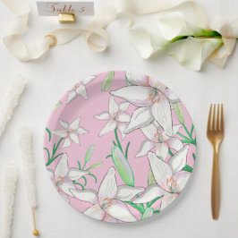 White Lillies on Pink Background Illustration Papieren Bordje