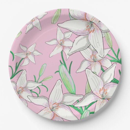 White Lillies on Pink Background Illustration Papieren Bordje (Voorkant)