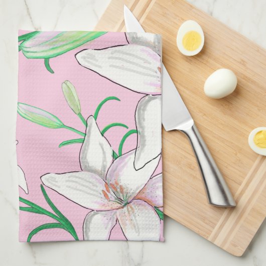White Lillies on Pink Background Illustration Theedoek (Quarter Fold)