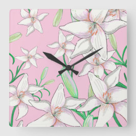 White Lillies on Pink Background Illustration Vierkante Klok