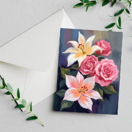 White Lillies Pink Rose Bouquet Watercolor Card