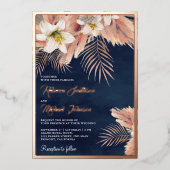 White Lily Boho Pampas Navy Blue Wedding Roos Gold Folie Uitnodiging (Voorkant)