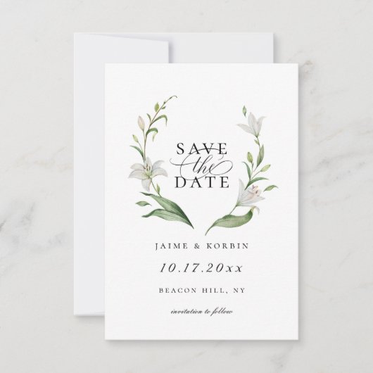 White Lily Botanical Floral Save the Date Photo Aankondiging (Voorkant)