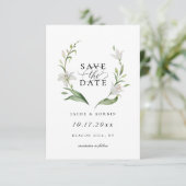 White Lily Botanical Floral Save the Date Photo Aankondiging (Staand voorkant)