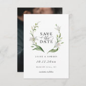 White Lily Botanical Floral Save the Date Photo Aankondiging (Voorkant / Achterkant)