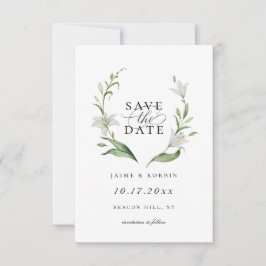 White Lily Botanical Floral Save the Date Photo Aankondiging