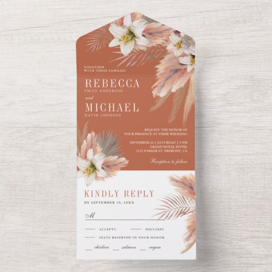 White Lily Floral Earthy Pampas Terracotta Wedding All In One Uitnodiging (Binnen)