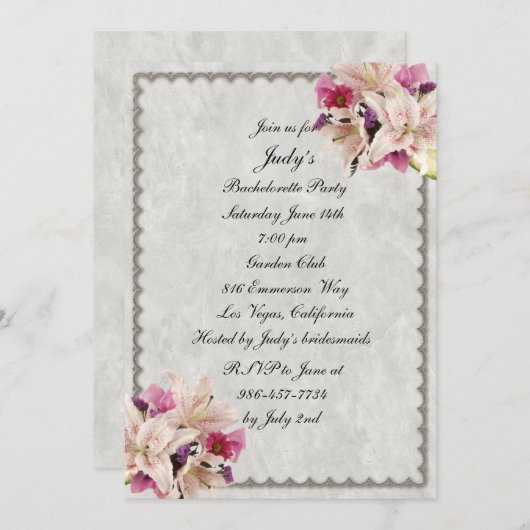 White Lily Floral Marble Bachelorette Party Kaart (Voorkant / Achterkant)