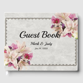 White Lily Floral Marble Wedding Guestbook Gastenboek