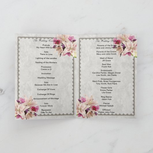 White Lily Floral Marble Wedding Program Kaart (Binnen)
