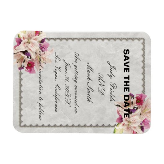 White Lily Floral Marble Wedding Save the Date Magneet (Horizontaal)