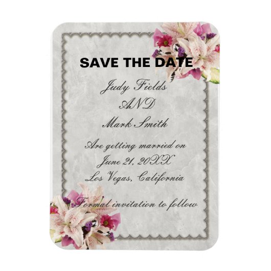 White Lily Floral Marble Wedding Save the Date Magneet (Verticaal)