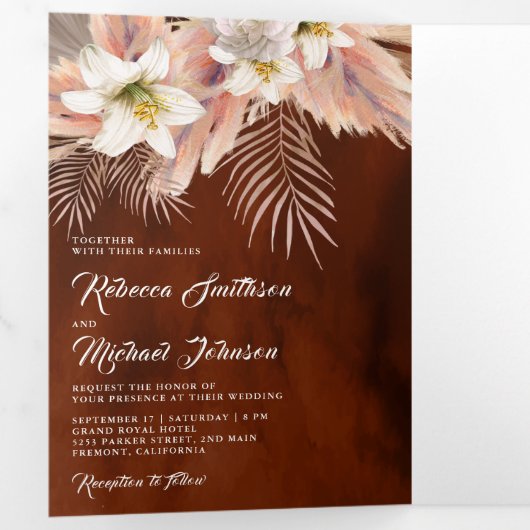 White Lily Floral Palm Pampas Burnt Sinaasappel We Drieluik Uitnodiging (Binnenzijde eerst)