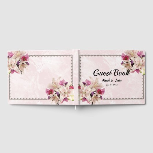 White Lily Floral Pink Marble Wedding Guestbook Gastenboek (Volledig)