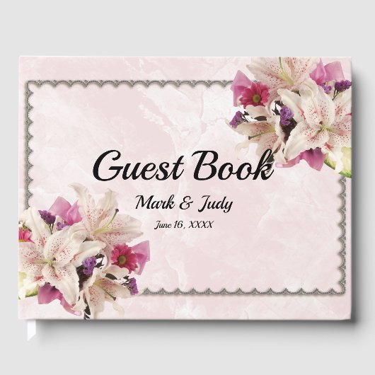 White Lily Floral Pink Marble Wedding Guestbook Gastenboek (Voorkant)