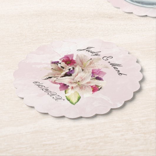 White Lily Floral Pink Marble Wedding Kartonnen Onderzetters (Gekanteld)