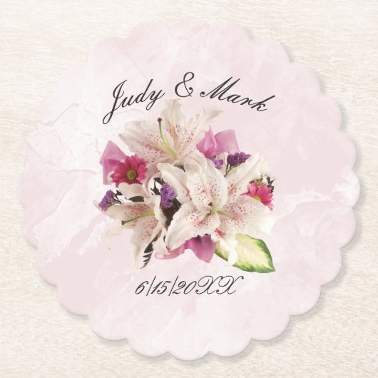 White Lily Floral Pink Marble Wedding Kartonnen Onderzetters (Voorkant)