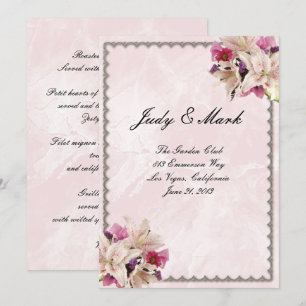 White Lily Floral Pink Marble Wedding Menu Kaart