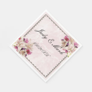 White Lily Floral Pink Marble Wedding Paper Napkin Servet