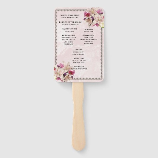 White Lily Floral Pink Marble Wedding Program Fans Handwaaier (Achterkant)
